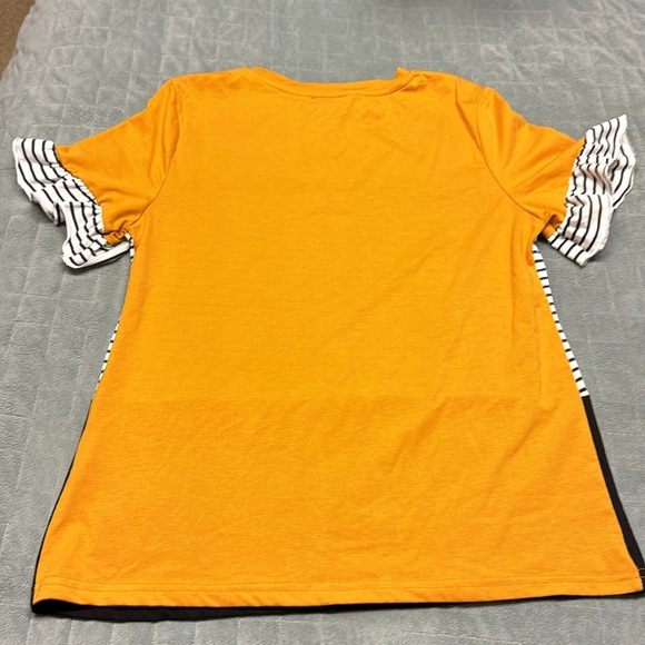 NWOT SHEIN Short-Sleeve Shirt, Gold, Black, White, Striped, Ruffled, Size S - Picture 2 of 7
